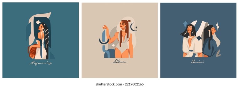 Hand drawn vector abstract graphic illustrations with zodiac astrological contemporary air signs symbols collection set, magic boho female characters,clipart boho design,feminine astrology concept.
