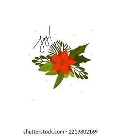 Hand drawn vector abstract graphic Merry Christmas and Happy new year clipart illustrations greeting card with flowers and leaves.Merry Christmas cute floral card design background.Winter holiday art.
