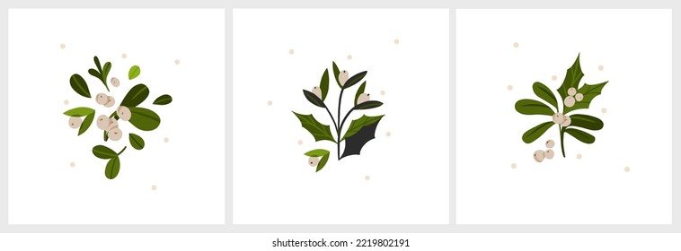 Hand drawn vector abstract graphic Merry Christmas and Happy new year clipart illustrations greeting card set with flowers and leaves.Merry Christmas cute floral design background.Winter holiday art.