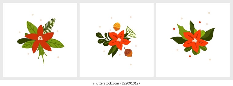 Hand drawn vector abstract graphic Merry Christmas and Happy new year clipart illustrations greeting card set with flowers and leaves.Merry Christmas cute floral design background.Winter holiday art.