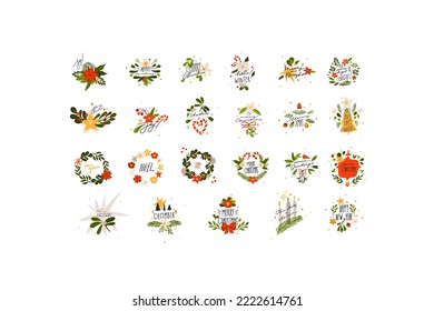 Hand drawn vector abstract graphic Merry Christmas and Happy new year clipart illustrations greeting emblem set with flowers,leaves and lettering phases.Merry Christmas cute floral design background.