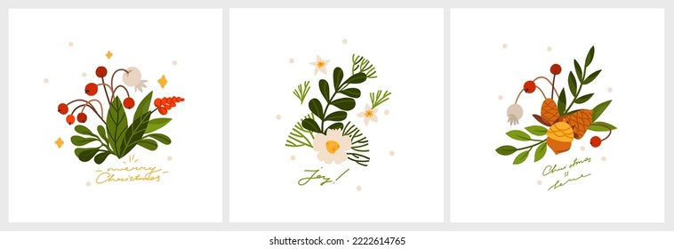 Hand drawn vector abstract graphic Merry Christmas and Happy new year clipart illustrations greeting card set with flowers and leaves.Merry Christmas cute floral design background.Winter holiday art.