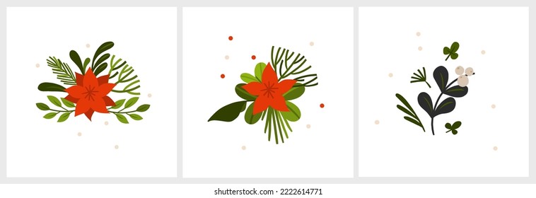 Hand drawn vector abstract graphic Merry Christmas and Happy new year clipart illustrations greeting card set with flowers and leaves.Merry Christmas cute floral design background.Winter holiday art.