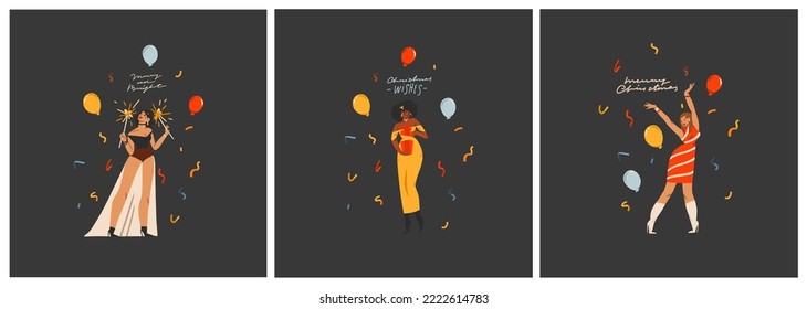 Gráfica abstracta de vector dibujada a mano Feliz Navidad y Feliz año nuevo ilustración de personajes de la gente. Gente con tarjetas de disfraces set. Diseño de tarjetas de navidad Feliz.Colección de arte de vacaciones de invierno.