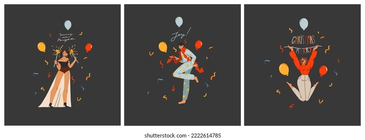 Hand drawn vector abstract graphic Merry Christmas and Happy new year illustration of people characters.People in costumes cards set.Merry Christmas people card design.Winter holiday art collection.