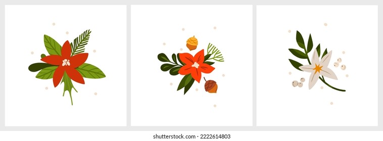 Hand drawn vector abstract graphic Merry Christmas and Happy new year clipart illustrations greeting card set with flowers and leaves.Merry Christmas cute floral design background.Winter holiday art.