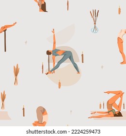 Hand drawn vector abstract graphic set with meditating yoga woman asana clipart seamless pattern.Meditation practice. Concept art of zen and harmony.Colored flat vector character illustrations design.