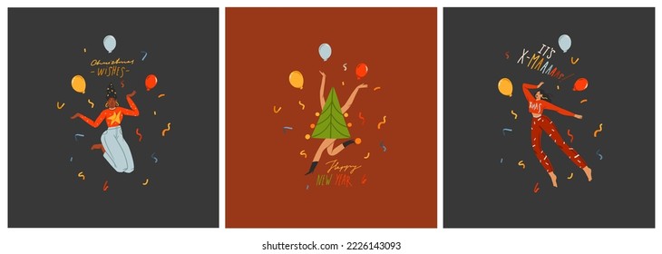 Hand drawn vector abstract graphic Merry Christmas and Happy new year illustration of people characters.People in costumes cards set.Merry Christmas people card design.Winter holiday art collection.