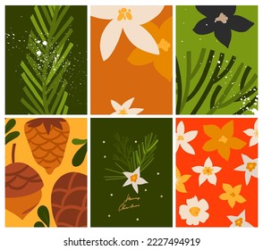 Hand drawn vector abstract graphic Merry Christmas and Happy new year clipart illustrations greeting card with flowers and leaves.Merry Christmas cute floral card design background.Winter holiday art.