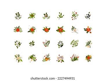 Hand drawn vector abstract graphic Merry Christmas and Happy new year clipart illustrations greeting card set with flowers and leaves.Merry Christmas cute floral design background.Winter holiday art.