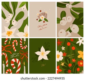 Hand drawn vector abstract graphic Merry Christmas and Happy new year clipart illustrations greeting card with flowers and leaves.Merry Christmas cute floral card design background.Winter holiday art.