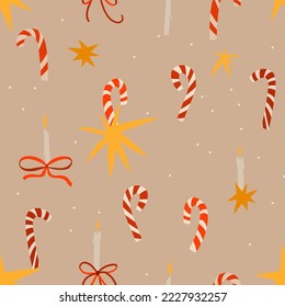Hand drawn vector abstract graphic Merry Christmas and Happy new year clipart illustrations greeting wrapping seamless pattern with flowers,candy canes and leaves.Merry Christmas design background.