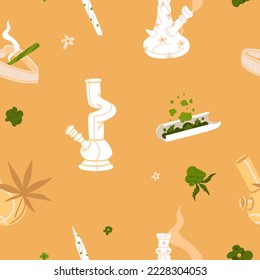 Handgezeichnete, abstrakte grafische Video-Illustration von Medical Marijuana, Raucherzubehör.Hanf und Gelenk für das Rauchen.Cannabis und Unkrautlegalisierungskonzept.Trendy nahtlose Muster Design