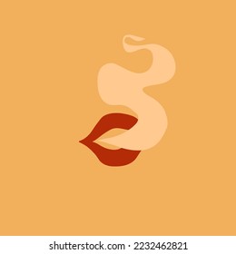 Dibujo a mano vectorial abstracto ilustración gráfica de la marihuana médica, accesorios para fumar.Articulación en boca de mujer para fumar.Diseño de concepto de canabis y legalización de malezas.Ilustración vectorial de moda.