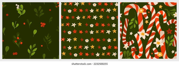 Hand drawn vector abstract graphic Merry Christmas and Happy new year clipart illustrations greeting wrapping seamless pattern with flowers,candy canes and leaves.Merry Christmas design background.