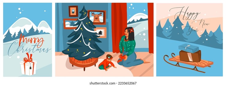 Hand drawn vector abstract graphic Merry Christmas and Happy new year clipart illustrations greeting card with happy female and baby child with xmas tree.Merry Christmas cute card design background.