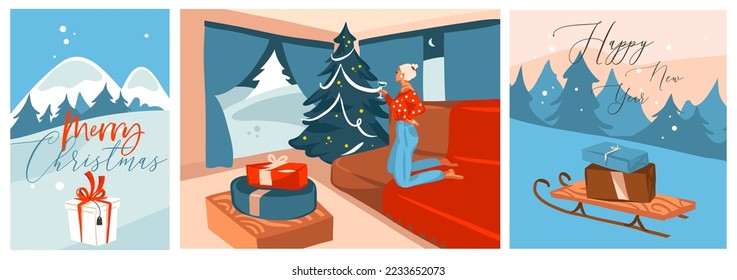 Hand drawn vector abstract graphic Merry Christmas and Happy new year illustrations greeting card with happy female and xmas tree.Merry Christmas cute card design background.Winter outdoor card.