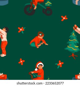 Hand drawn vector abstract graphic Merry Christmas and Happy new year illustrations seamless pattern with small kids celebrate xmas and playing .Merry Christmas kids cute design background concept.