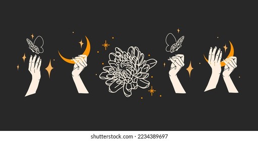 Hand drawn vector abstract graphic illustration with logo elements collection set,magic crescent,butterfly,flowers,moon and human hands white silhouettes,isolated. Mystical butterfly design concept.