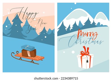 Hand drawn vector abstract graphic Merry Christmas and Happy new year illustrations greeting card with xmas present gift box outdoor.Merry Christmas cute card design background.