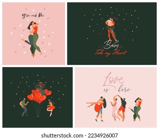 Hand drawn vector abstract graphic clipart cute Valentines Day romantic characters illustrations cards set with happy lovers couple. Vector design concept for Valentines Day, love background design.