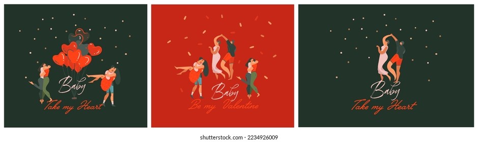 Hand drawn vector abstract graphic clipart cute Valentines Day romantic characters illustrations cards set with happy lovers couple. Vector design concept for Valentines Day, love background design.