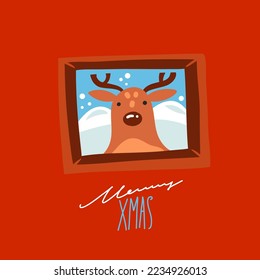 Hand drawn vector abstract graphic Merry Christmas and Happy new year illustrations greeting card with small deer and winter outdoor landscape. Merry Christmas cute design background concept card.