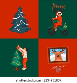 Hand drawn vector abstract graphic Merry Christmas and Happy new year illustrations greeting cards set with xmas tree ,kids , and cute deer. Merry Christmas cute design background concept cards.