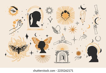 Hand drawn vector abstract graphic illustration with logo elements collection set,magic crescent,butterfly,flowers,moon and human hands white silhouettes,isolated. Mystical butterfly design concept.