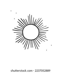 Hand drawn vector abstract graphic illustration with logo icon , magic celestial sun silhouette art in simple style ,isolated on white. Sun celestial logo concept design. Vector celestial symbol icon.