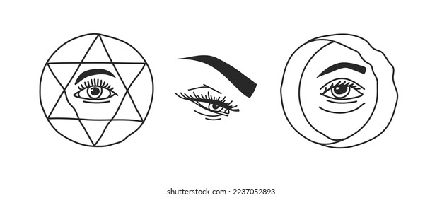 Hand drawn vector abstract graphic illustration with logo elements collection set,magic evil eyes line drawing, astrology witch logo elements, silhouettes and line,isolated. Eye magic design concept.