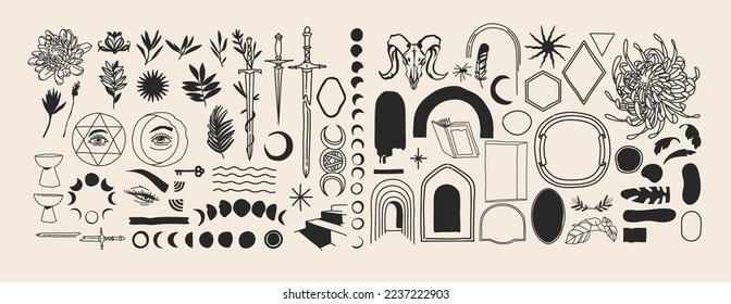 Hand drawn vector abstract graphic illustration with logo elements collection set,magic crescent, moon phases, flowers, silhouettes and line ,isolated. Astrology moon and star design concept drawing.