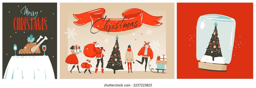 Hand drawn vector abstract graphic Merry Christmas and Happy new year illustrations greeting cards set with xmas tree ,people , and dinner turkey. Merry Christmas cute design background concept cards.
