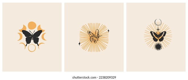 Hand drawn vector abstract graphic illustrations celestial design concept with logo magic line silhouette set of mystic flying butterfly,moth,sun and moon phase isolated. Magic drawing butterfly icon.