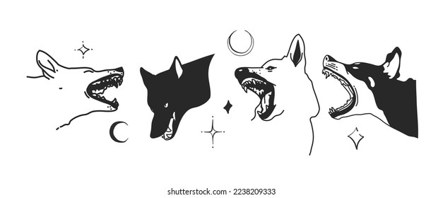 Hand drawn vector abstract graphic illustration with logo element, gothic evil muzzle dog head line set in simple style for branding,isolated. Retro y2k 2000 design concept silhouette. Dog portrait.