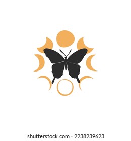 Hand drawn vector abstract graphic illustrations celestial design concept with logo magic line silhouette art of mystic flying butterfly,moth,sun and moon phase isolated. Magic drawing butterfly icon.