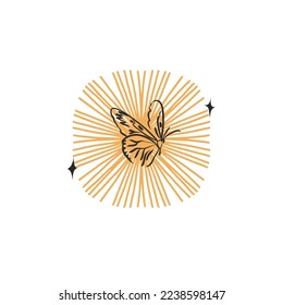 Hand drawn vector abstract graphic illustrations celestial design concept with logo magic line silhouette art of mystic flying butterfly,moth,sun and moon phase isolated. Magic drawing butterfly icon.