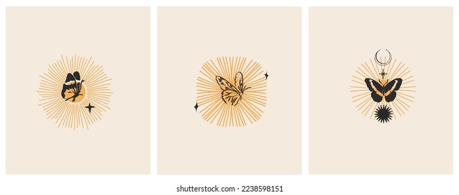 Hand drawn vector abstract graphic illustrations celestial design concept with logo magic line silhouette set of mystic flying butterfly,moth,sun and moon phase isolated. Magic drawing butterfly icon.
