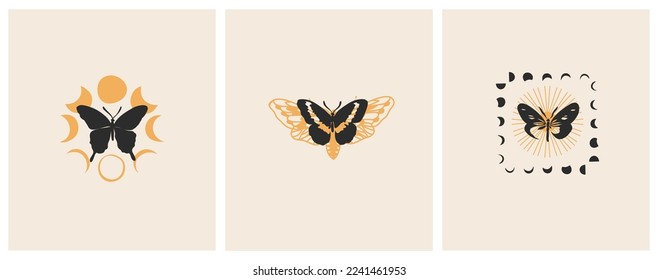 Hand drawn vector abstract graphic illustrations celestial design concept with logo magic line silhouette set of mystic flying butterfly,moth,sun and moon phase isolated. Magic drawing butterfly icon.