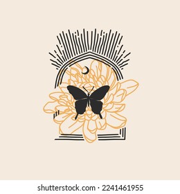 Hand drawn vector abstract graphic illustrations celestial design concept with logo magic line silhouette art of mystic flying butterfly,moth,sun and moon phase isolated. Magic drawing butterfly icon.