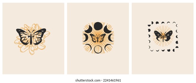 Hand drawn vector abstract graphic illustrations celestial design concept with logo magic line silhouette set of mystic flying butterfly,moth,sun and moon phase isolated. Magic drawing butterfly icon.