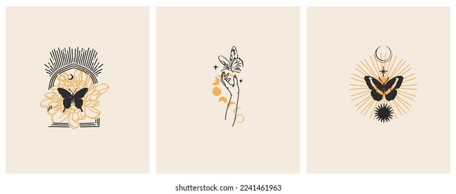 Hand drawn vector abstract graphic illustrations celestial design concept with logo magic line silhouette set of mystic flying butterfly,moth,sun and moon phase isolated. Magic drawing butterfly icon.