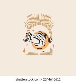 Hand drawn vector abstract graphic illustration celestial design concept with logo line silhouette art of mystic tiger animal,sun,moon and stars,isolated.Magic drawing tiger icon.Vector striped tiger.