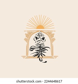 Hand drawn vector abstract graphic illustration celestial design concept with logo line silhouette art of mystic tiger animal,sun,moon and stars,isolated.Magic drawing tiger icon.Vector striped tiger.