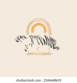 Hand drawn vector abstract graphic illustration celestial design concept with logo line silhouette art of mystic tiger animal,sun,moon and stars,isolated.Magic drawing tiger icon.Vector striped tiger.