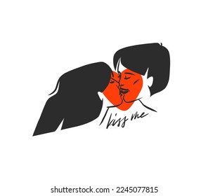 Dibujo a mano vectorial abstracto ilustración gráfica de San Valentín plantilla de tarjetas de San Valentín, dibujo de un retrato de pareja de besos en la silueta del corazón. Pareja de amor besándose juntos. Concepto de diseño hermoso de San Valentín.