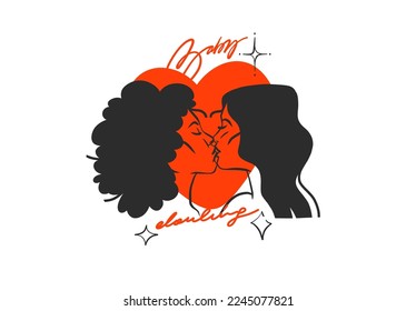 Dibujo a mano vectorial abstracto ilustración gráfica Valentines day cards template, lésbica pareja de besos puesta en la silueta del corazón. Pareja de amor besándose juntos. Concepto de diseño hermoso de San Valentín.
