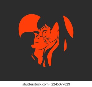 Hand drawn vector abstract graphic illustration Valentines day cards template, drawing kissing couple portrait set in heart silhouette.Love couple kissing together.Valentines beautiful design concept.