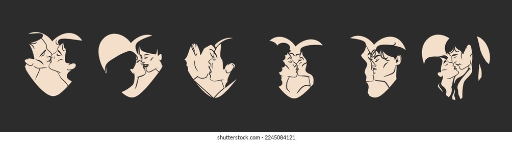 Dibujo a mano vector ilustración gráfica abstracta San Valentín diseño de día, con pareja de besos de dibujo en la silueta del corazón. Besos de pareja de amor, juntos. El día de San Valentín ama el concepto de diseño hermoso.