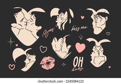 Dibujo a mano vector abstracto ilustración gráfica de San Valentín diseño de día, con dibujo de un retrato de pareja de besos en la silueta del corazón. Amor pareja besándose juntos. Concepto de diseño hermoso de día de San Valentín.